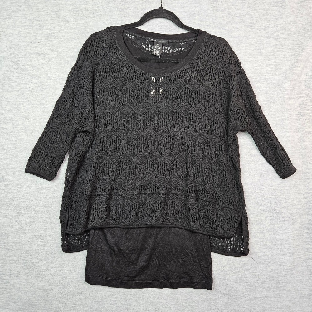 Grace Elements Black Crochet Lace Layered Top 3/4 Sleeve Women's Sz XS NWT
